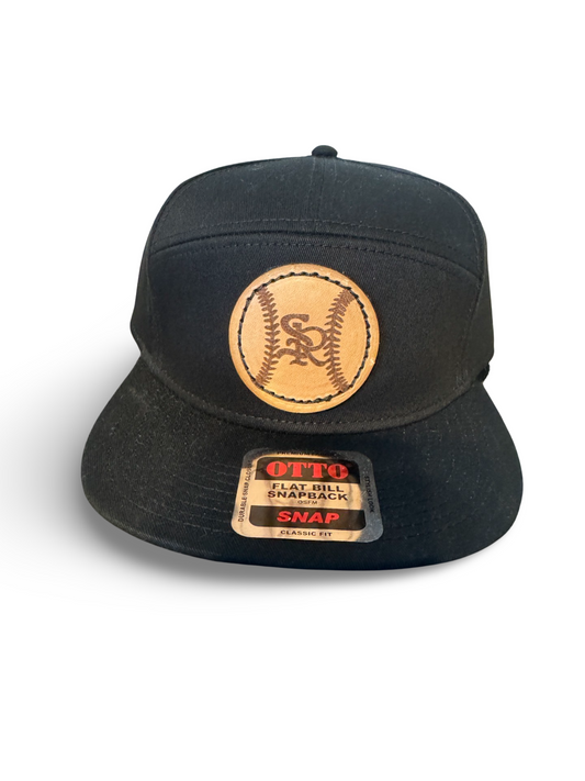 Sr logo on leather baseball patch snap back